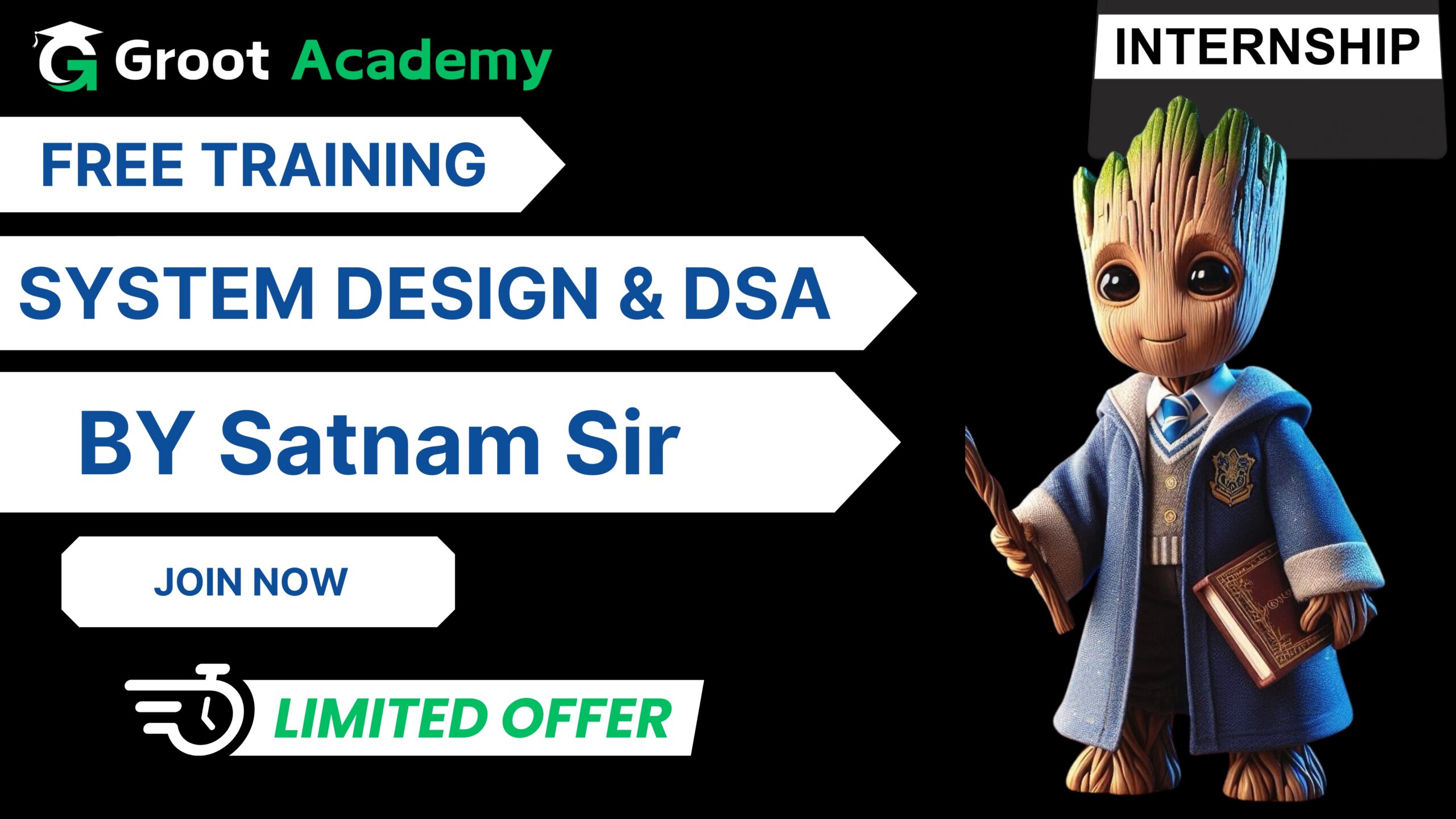 Free System Design and Data Structures & Algorithms (DSA) training with internship opportunities by Groot Academy. Learn scalability, ace interviews, and gain practical experience through online and offline classes.